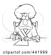 Poster, Art Print Of Cartoon Black And White Outline Design Of A Depressed Woman Writing A Letter