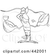 Poster, Art Print Of Cartoon Black And White Outline Design Of A Lobster Drinking Wine