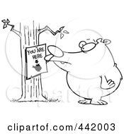 Royalty Free RF Clip Art Illustration Of A Cartoon Black And White Outline Design Of A Bear Staring At A You Are Here Sign