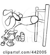 Poster, Art Print Of Cartoon Black And White Outline Design Of A Dog With A Broken Leg Approaching A Hurdle