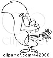 Royalty Free RF Clip Art Illustration Of A Cartoon Black And White Outline Design Of A Squirrel Using A Lint Brush