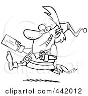Poster, Art Print Of Cartoon Black And White Outline Design Of A Christmas Elf Running With A Letter For Santa