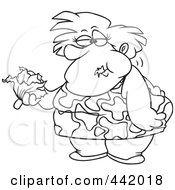 Poster, Art Print Of Cartoon Black And White Outline Design Of A Fat Woman Eating A Head Of Lettuce