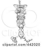Royalty Free RF Clip Art Illustration Of A Cartoon Black And White Outline Design Of A Man Hanging Upside Down And Tangled In Christmas Lights