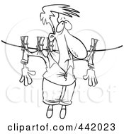 Poster, Art Print Of Cartoon Black And White Outline Design Of A Man Hung Out To Dry On A Clothes Line