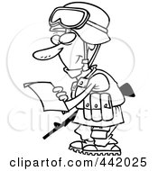 Poster, Art Print Of Cartoon Black And White Outline Design Of A Soldier Reading A Letter