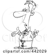 Royalty Free RF Clip Art Illustration Of A Cartoon Black And White Outline Design Of A Lying Businessman Crossing His Fingers