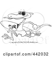 Royalty Free RF Clip Art Illustration Of A Cartoon Black And White Outline Design Of A Surfing Lizard