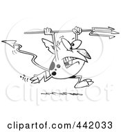 Royalty Free RF Clip Art Illustration Of A Cartoon Black And White Outline Design Of A Devil Running With A Trident by toonaday