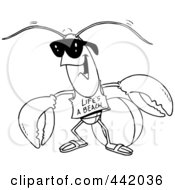 Royalty Free RF Clip Art Illustration Of A Cartoon Black And White Outline Design Of A Lobster At The Beach by toonaday