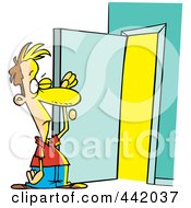 Poster, Art Print Of Cartoon Man Standing At An Open Door With Bright Light