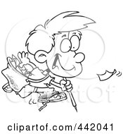 Poster, Art Print Of Cartoon Black And White Outline Design Of A Boy Picking Up Litter