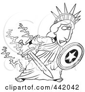 Poster, Art Print Of Cartoon Black And White Outline Design Of A Defensive Statue Of Liberty Holding A Shield And Sword