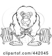 Poster, Art Print Of Cartoon Black And White Outline Design Of A Lion Weightlifting