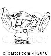 Poster, Art Print Of Cartoon Black And White Outline Design Of A Little Boy Lifting A Barbell