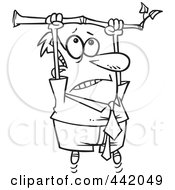 Royalty Free RF Clip Art Illustration Of A Cartoon Black And White Outline Design Of A Businessman Hanging From A Limb