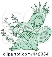 Poster, Art Print Of Cartoon Defensive Statue Of Liberty Holding A Shield And Sword