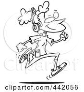 Royalty Free RF Clip Art Illustration Of A Cartoon Black And White Outline Design Of A Woman Listening To Music And Running