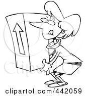Poster, Art Print Of Cartoon Black And White Outline Design Of A Businesswoman Lifting A Heavy Box