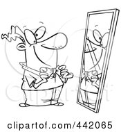 Royalty Free RF Clip Art Illustration Of A Cartoon Black And White Outline Design Of A Man Adjusting His New Tie by toonaday