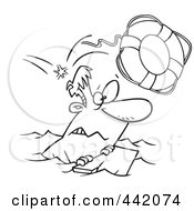 Royalty Free RF Clip Art Illustration Of A Cartoon Black And White Outline Design Of An Overboard Man Floating On Wood by toonaday