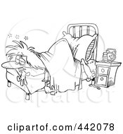 Cartoon Black And White Outline Design Of A Restless Woman Laying At The Foot Of Her Bed