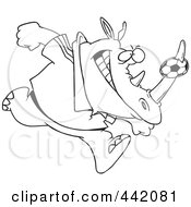 Royalty Free RF Clip Art Illustration Of A Cartoon Black And White Outline Design Of A Rhino With A Soccer Ball On His Horn