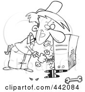 Royalty Free RF Clip Art Illustration Of A Cartoon Black And White Outline Design Of A Computer Repair Man Working On Wires