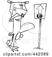 Poster, Art Print Of Cartoon Black And White Outline Design Of A Reversed Man Upside Down Facing An Up Sign