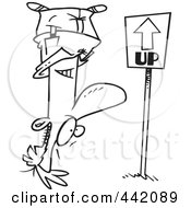 Royalty Free RF Clip Art Illustration Of A Cartoon Black And White Outline Design Of A Reversed Man Upside Down Facing An Up Sign