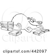 Poster, Art Print Of Cartoon Black And White Outline Design Of A Bear Reading Books