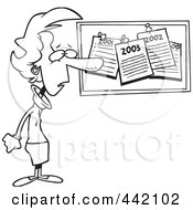 Cartoon Black And White Outline Design Of A Woman Staring At Her Past New Year Resolutions On A Bulletin