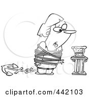 Royalty Free RF Clip Art Illustration Of A Cartoon Black And White Outline Design Of A Fat Woman Tied Up Next To Cake