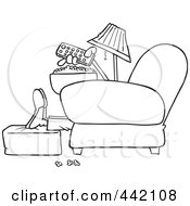 Royalty Free RF Clip Art Illustration Of A Cartoon Black And White Outline Design Of A Man With Popcorn Pointing A Remote At A Tv