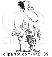 Royalty Free RF Clip Art Illustration Of A Cartoon Black And White Outline Design Of A Black Businessman Repairing His Wires