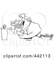 Poster, Art Print Of Cartoon Black And White Outline Design Of A Restrained Woman Reaching For A Cupcake
