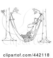 Royalty Free RF Clip Art Illustration Of A Cartoon Black And White Outline Design Of A Retired Man Napping In A Hammock With A Newspaper
