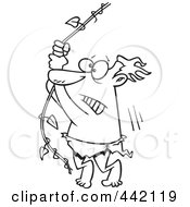 Cartoon Black And White Outline Design Of A Reluctant Man Swinging On A Vine