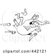 Royalty Free RF Clip Art Illustration Of A Cartoon Black And White Outline Design Of Tomatoes Flying At A Rejected Alligator by toonaday