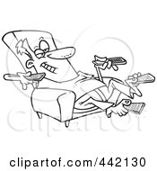 Royalty Free RF Clip Art Illustration Of A Cartoon Black And White Outline Design Of A Man Sitting In A Recliner And Holding Many Remote Controls by toonaday