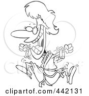 Royalty Free RF Clip Art Illustration Of A Cartoon Black And White Outline Design Of An Excited Woman Jumping In A Robe
