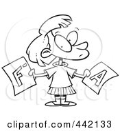 Royalty Free RF Clip Art Illustration Of A Cartoon Black And White Outline Design Of A School Girl Holding Good And Bad Report Cards by toonaday