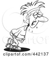 Royalty Free RF Clip Art Illustration Of A Cartoon Black And White Outline Design Of A Sweaty Woman Exercising For Her New Year Resolution