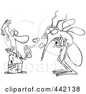Cartoon Black And White Outline Design Of A Man Spraying A Big Bug With Repellent