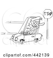 Royalty Free RF Clip Art Illustration Of A Cartoon Black And White Outline Design Of A Woman Running A Stop Sign