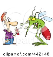 Cartoon Man Spraying A Big Bug With Repellent