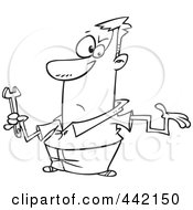 Royalty Free RF Clip Art Illustration Of A Cartoon Black And White Outline Design Of A Clueless Repair Man With A Crooked Arm