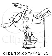 Poster, Art Print Of Cartoon Black And White Outline Design Of A Relax Arrow Pointing At A Man