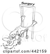 Royalty Free RF Clip Art Illustration Of A Cartoon Black And White Outline Design Of A Reluctant Woman Going Into Surgery