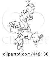 Royalty Free RF Clip Art Illustration Of A Cartoon Black And White Outline Design Of A Happy Boy Holding A Good Report Card by toonaday